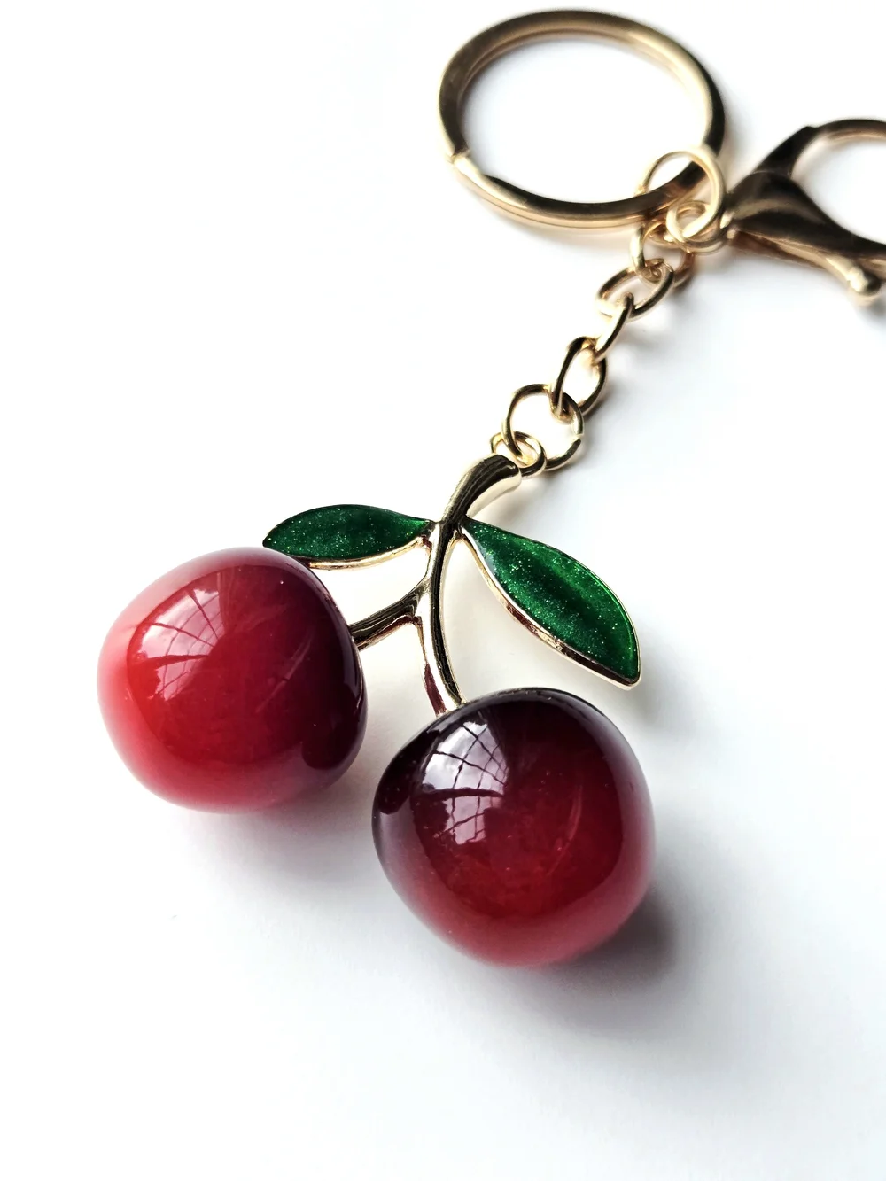 Resin Glossy Red Ombre Cherries Bag Charm Gold Keychain Hardware